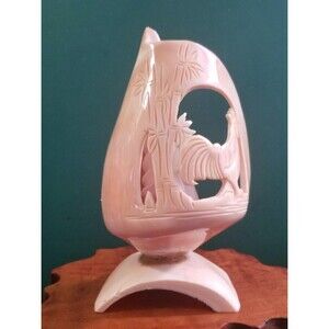 Vintage Hand Carved Sea Shell Folk Art Pink Seashell Rooster & Bamboo Motif 6.5"